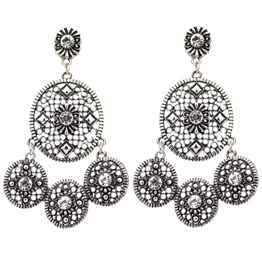 8cm Tibetan Silver Color Hollow Round With Crystal Long Vintage Earrings Jewelry For Women Fashion