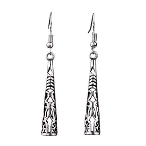 EQ015 Tibetan Silver Color Hollow Carved 3D Pillar Dangle Fashion Vintage Earrings For Women Girls Gift Jewelry