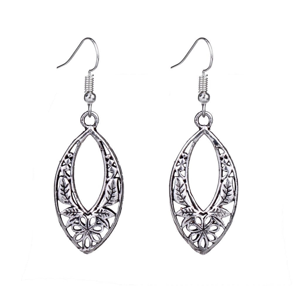 EQ025 Antique Tibetan Silver Color Hollow Carved 3D Plant Drop Fashion Vintage Earrings For Women Jewelry