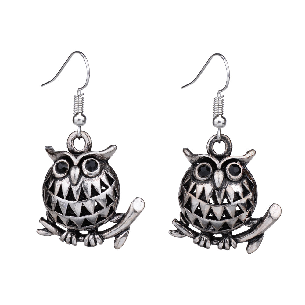 EQ220 Cute Retro Tibetan Silver Color Hollow 3D Owl Animal Vintage Earrings For Women Girls New Jewelry Bijouterie
