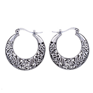 New Exotic Hollow Out on Both Sides Filigree Tibetan Silver Color Hoop Fashion Vintage Earrings For Women Jewelry