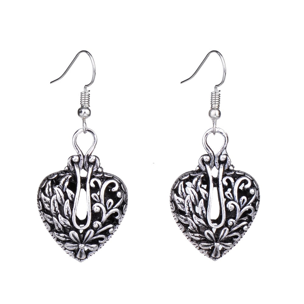Q044 Unique Tibetan Silver Color Hollow 3D Heart Dangle Fashion Retro Vintage Earrings For Women Wholesale Jewelry