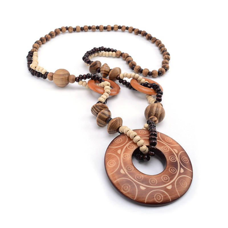 Magic Sun lines Hand Carved Exotic Hollow Round Woody Beaded Pendant Necklace Fashion Jewelry for Women Birthd Gift Present