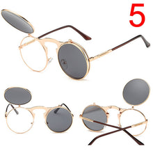 Carica l'immagine nel visualizzatore di Gallery, Occhiali da sole Steampunk retrò maschili rotondi flip up da donna da uomo con clip su occhiali da sole in metallo punk occhiali da sole arrivo 