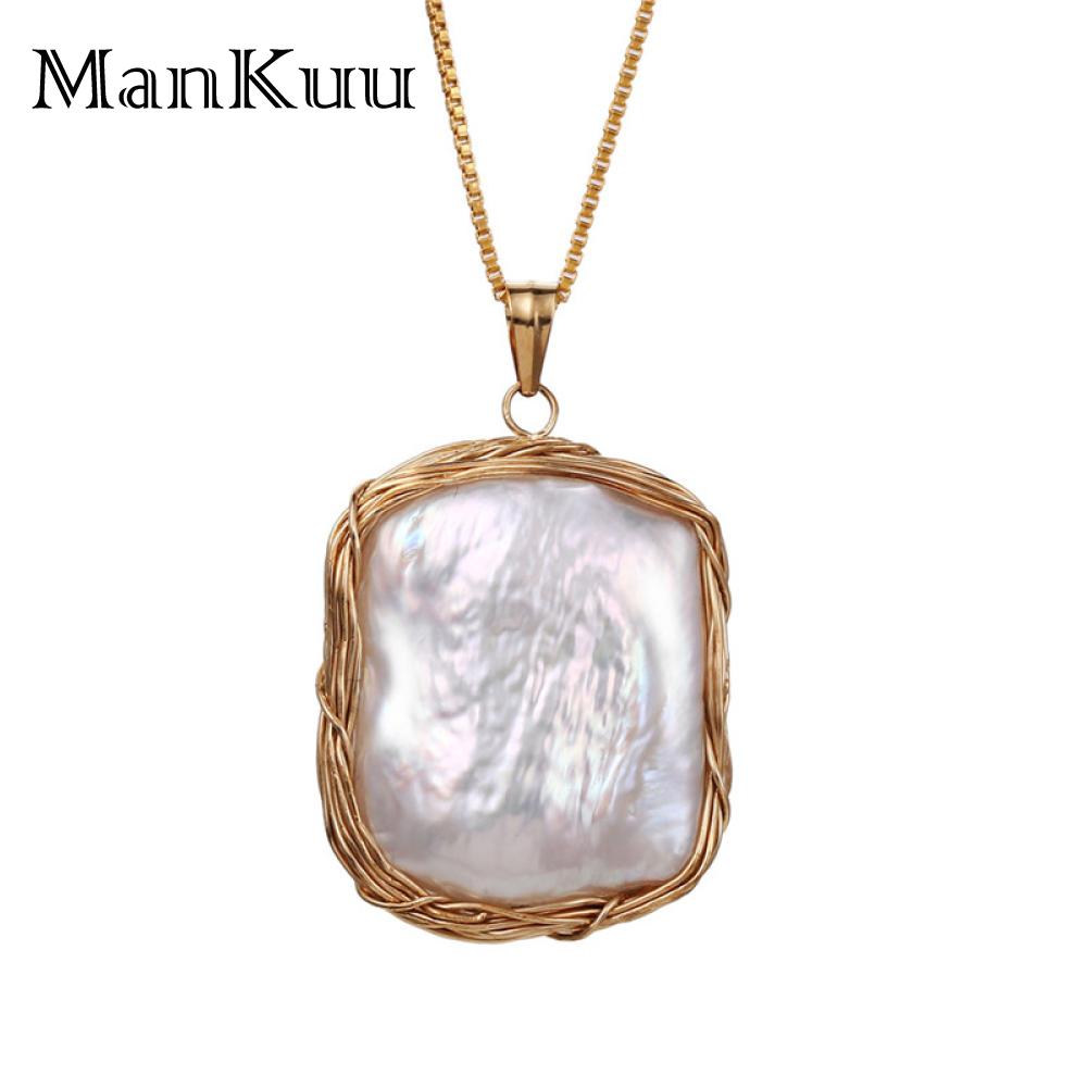 Natural White Pearl Necklace Tag Shape Natural Pearl 14K Gold Necklace Unique Baroque Pearl Necklace For Women