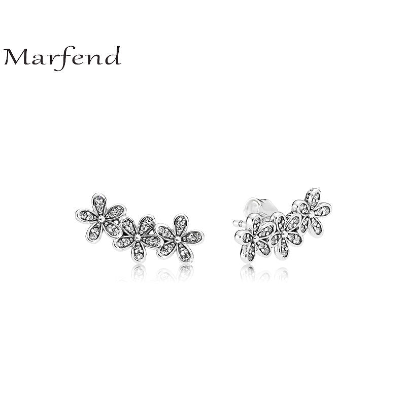 Marfend Valentine's D Sterling Silver 925 Three Shiny Flowers Elegant Stud Earrings for Women Party Fine Jewelry Gift