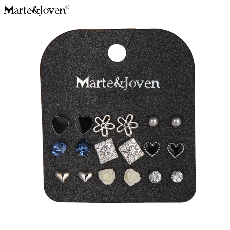 Marte&Joven 9 Pairs Silver-color Assorted Multiple Flower Heart Square Rhinestone Ball Designs Stud Earring Sets For Women