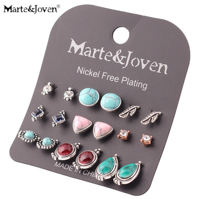 Marte&Joven 9 pairs/set Retro Green Stone Stud Earring Sets Mixed Leaf Square Triangle Round Steampunk Party Earring for Women