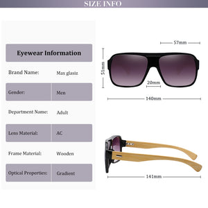 Max Glasiz Frame Square Wooden Sunglasses Men Retro Vintage Eyewear Unisex Male Glasses Madeira Bamboo Gradient Fashion