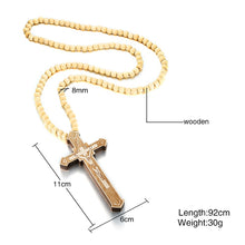 Carica l&#39;immagine nel visualizzatore di Gallery, Large Wood Catholic Jesus Cross With Wooden Bead Carved Rosary Pendant Long Collier Statement Necklace Men Jewelry