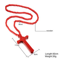 Carica l&#39;immagine nel visualizzatore di Gallery, Large Wood Catholic Jesus Cross With Wooden Bead Carved Rosary Pendant Long Collier Statement Necklace Men Jewelry