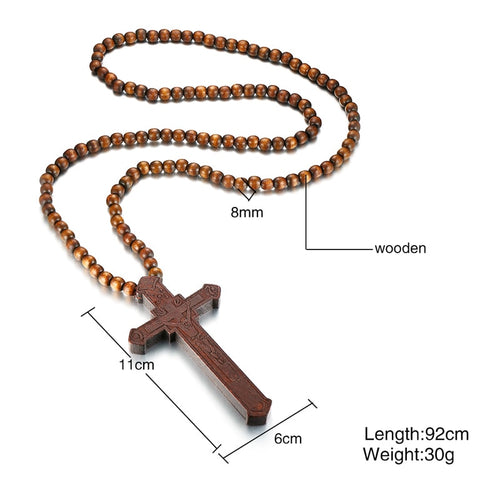 Large Wood Catholic Jesus Cross With Wooden Bead Carved Rosary Pendant Long Collier Statement Necklace Men Jewelry