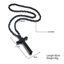 Carica l&#39;immagine nel visualizzatore di Gallery, Large Wood Catholic Jesus Cross With Wooden Bead Carved Rosary Pendant Long Collier Statement Necklace Men Jewelry