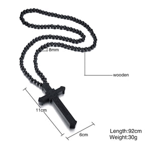 Large Wood Catholic Jesus Cross With Wooden Bead Carved Rosary Pendant Long Collier Statement Necklace Men Jewelry