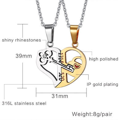 Romantic Couples Heart Key Crystal Pendant Her & His Love Necklace Set Lover Valentine Stainless Steel 24 Chain