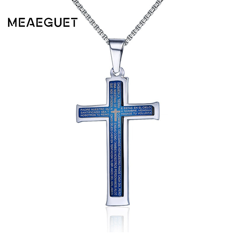 Vintage Blue Layered Catholic Cross Pendant Necklace Men 316L Stainless Steel Jesus Bible Words Necklaces Jewelry