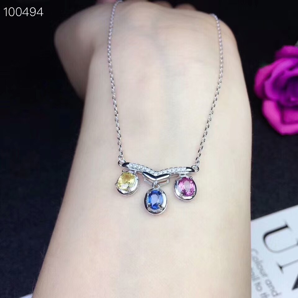 [MeiBaPJ]Colorful Natural Sapphire Pendant Necklace with Certificate 925 Pure Silver Blue Stone Fine Charm Jewelry for Women