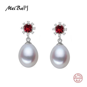 [MeiBaPJ] Elegant Women Pure S925 Sterling Silver Earrings Real Natural Pearl Red Zircon Flower Stud Earrings Fine Jewelry