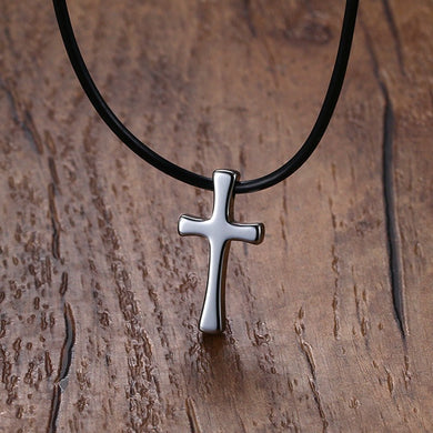 Men Choker Simple Tungsten Steel Budded Cross Pendant Necklace in Silver Tone With Black Rubber Rope Chain Kolye Male Jewelry