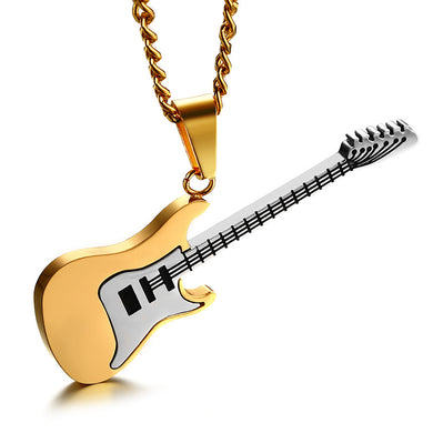 Men Quality Stainless Steel Necklace Fashion Guitar Pendant Necklace Silver Black Gold Colors Punk 60cm Chain Necklace