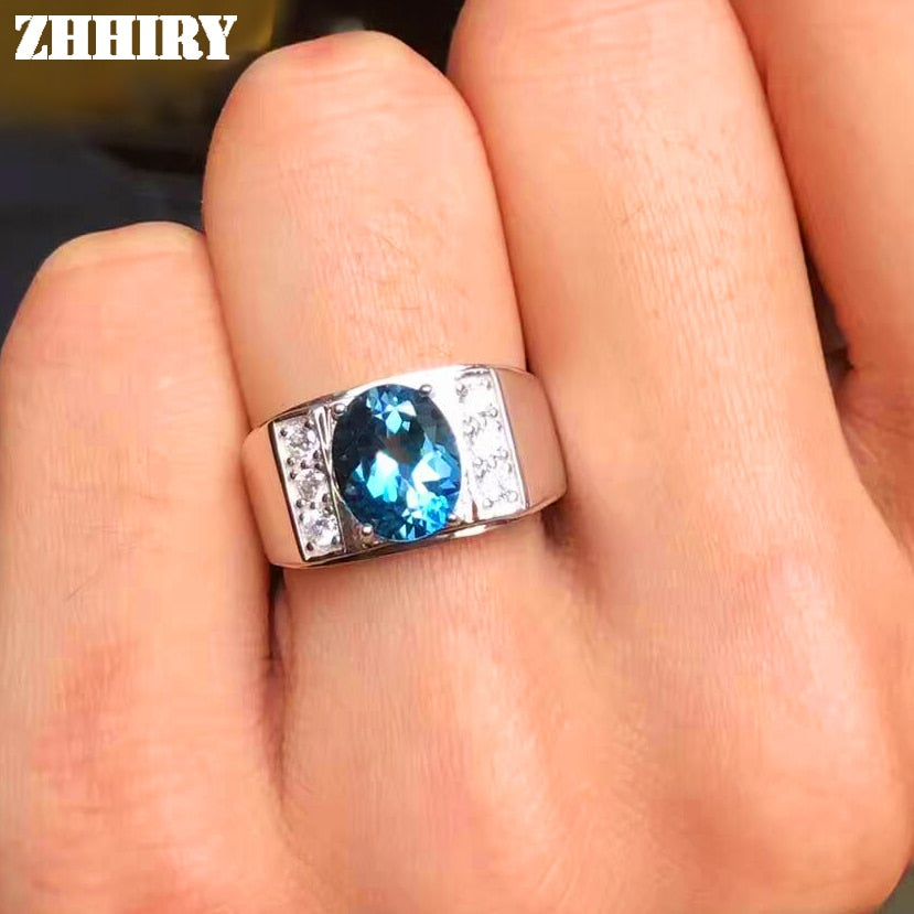 Men Rings Genuine Natural Topaz Gem Man Real 925 Sterling Silver Precious Blue Gemstone Fine Jewelry