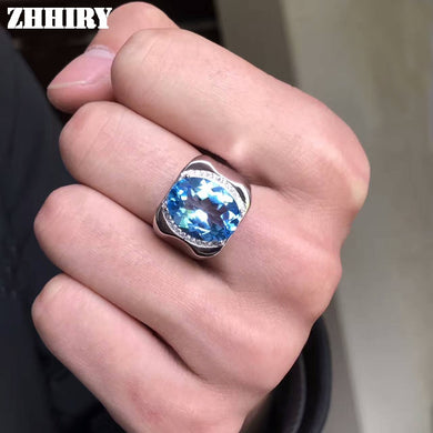 Men Rings Genuine Natural Topaz Gem Man Real 925 Sterling Silver Precious Blue Gemstone Fine Jewelry