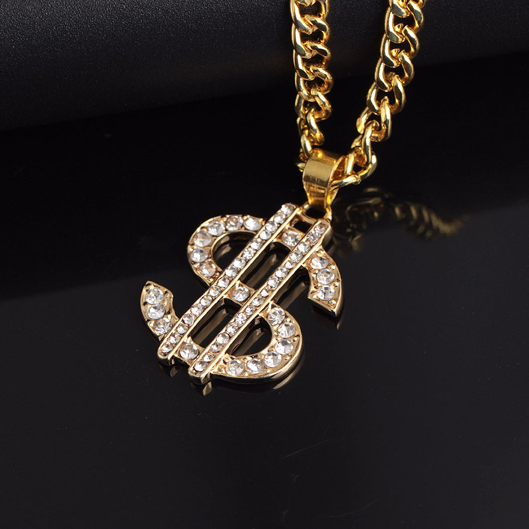 Men US Dollar Money Pendant Necklaces Luxury Gold Color Crystal Long Chain Necklace Hop Jewelry Rock Accessories