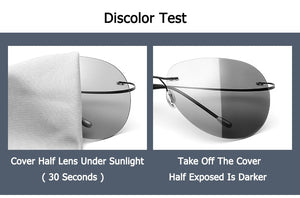Men Ultralight Titanium Polarized Discolor Lens Sunglasses Rimless Aviation Style Brand Design Sun Glasses Oculos De Sol