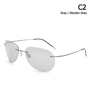 Men Ultralight Titanium Polarized Discolor Lens Sunglasses Rimless Aviation Style Brand Design Sun Glasses Oculos De Sol