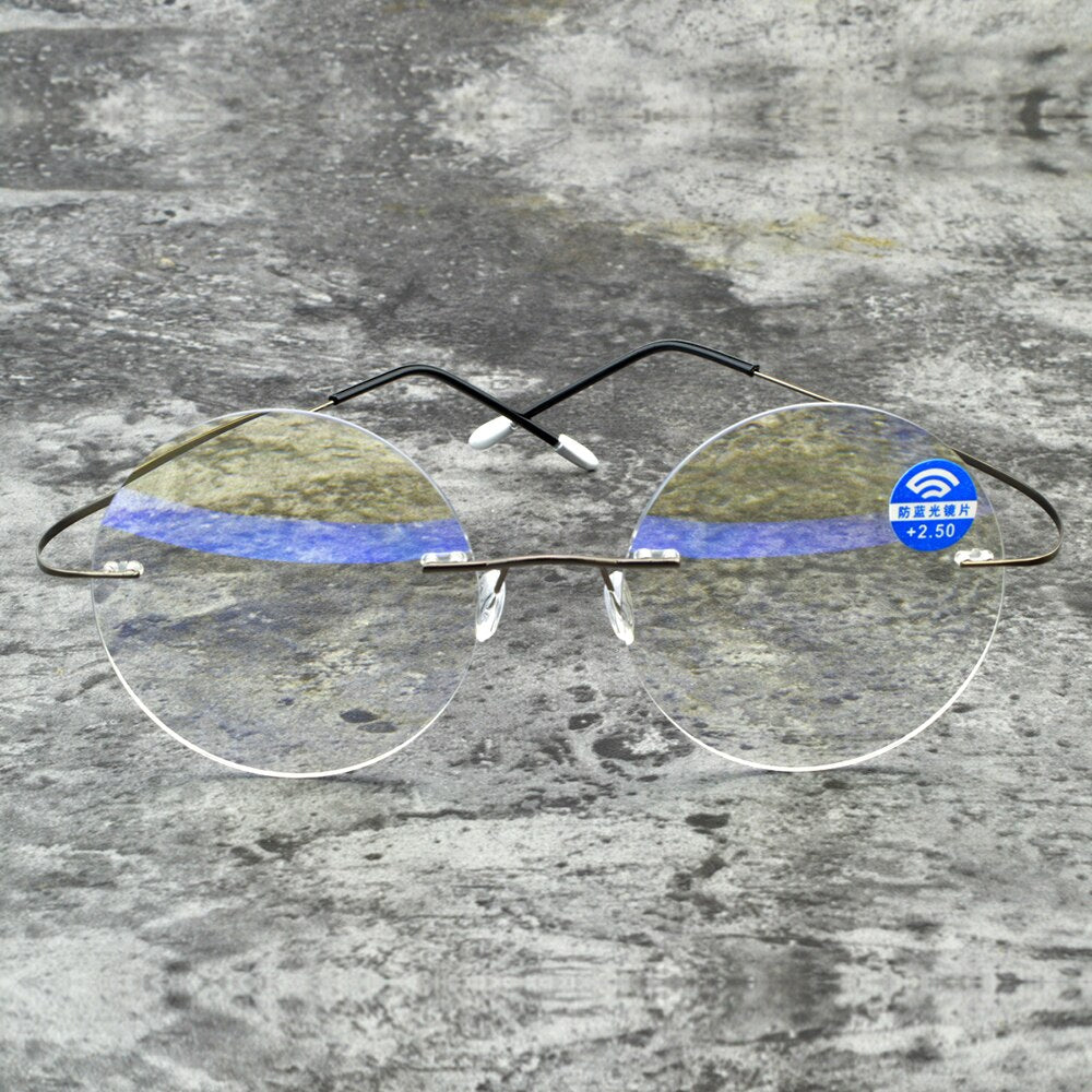 Men Women Blue Light Blocking Ultralight Rimless Round Portable Frameless Reading Glasses +0.75 +1 +1.25 +1.5 +1.75 To +4