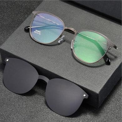 Men's Full Business Glasses Frames, Spring Legs Integrated Clips Myopia Polarized Sunglasses, Magnetic Clip Metal Eyewear S94002