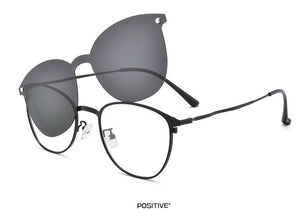 Men's Full Business Glasses Frames, Spring Legs Integrated Clips Myopia Polarized Sunglasses, Magnetic Clip Metal Eyewear S94002