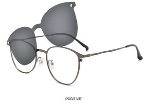 Men's Full Business Glasses Frames, Spring Legs Integrated Clips Myopia Polarized Sunglasses, Magnetic Clip Metal Eyewear S94002