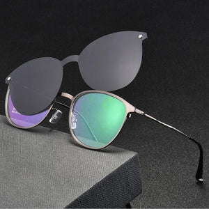 Men's Full Business Glasses Frames, Spring Legs Integrated Clips Myopia Polarized Sunglasses, Magnetic Clip Metal Eyewear S94002