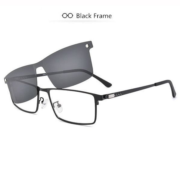 Men's Full Business Glasses Frames, Spring Legs Integrated Clips Myopia Polarized Sunglasses, Magnetic Clip Metal Eyewear SC001
