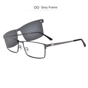 Men's Full Business Glasses Frames, Spring Legs Integrated Clips Myopia Polarized Sunglasses, Magnetic Clip Metal Eyewear SC001