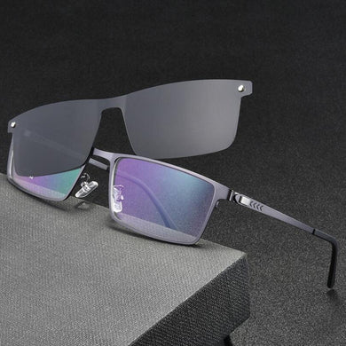 Men's Full Business Glasses Frames, Spring Legs Integrated Clips Myopia Polarized Sunglasses, Magnetic Clip Metal Eyewear SC001