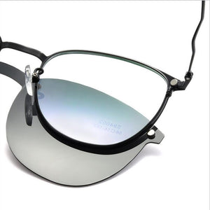 Men's Full Business Glasses Frames, Spring Legs Integrated Clips Myopia Polarized Sunglasses, Magnetic Clip Metal Eyewear S94002