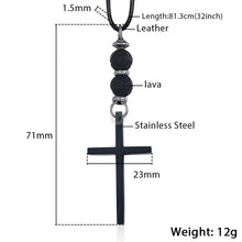 Load image into Gallery viewer, Men&#39;s Necklace Cross Pendant Necklace Long Leather Necklace Lava Bead Black Silver Color 1.5mm 32 80cm Dropshipping 2018 KDNM03