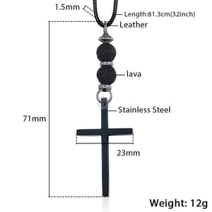Men's Necklace Cross Pendant Necklace Long Leather Necklace Lava Bead Black Silver Color 1.5mm 32 80cm Dropshipping 2018 KDNM03