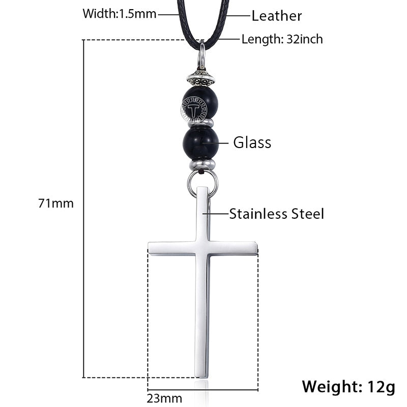 Men's Necklace Cross Pendant Necklace Long Leather Necklace Lava Bead Black Silver Color 1.5mm 32 80cm Dropshipping 2018 KDNM03