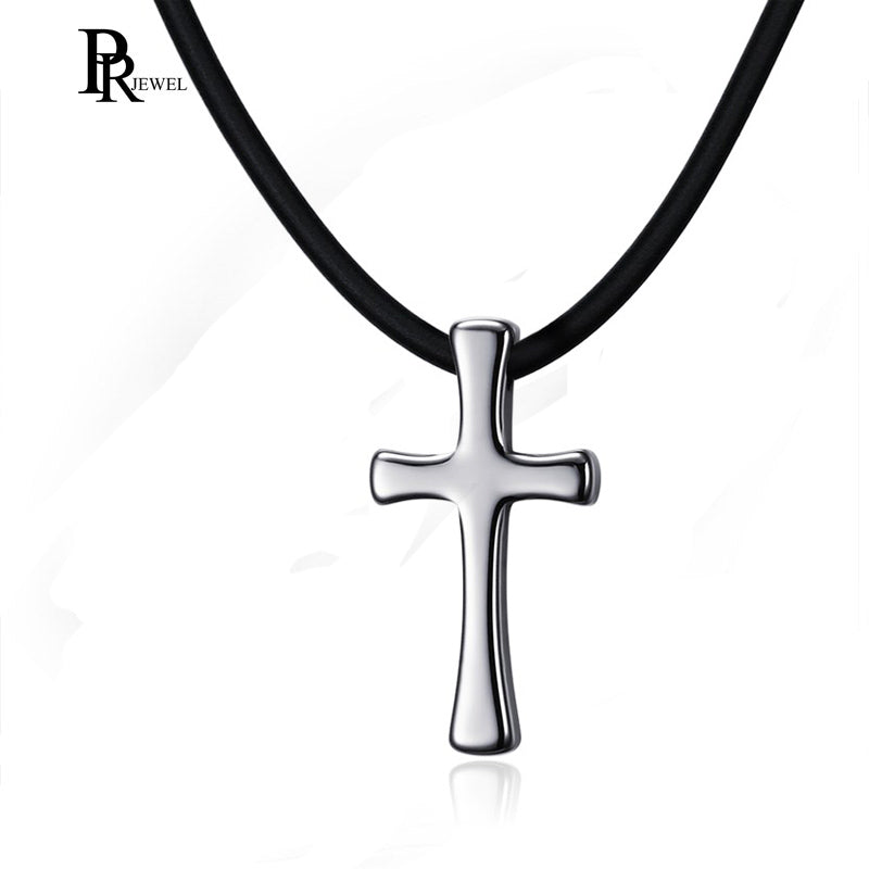 Men's Tungsten Carbide Cross Pendant Necklace with Black Rope Leather 20