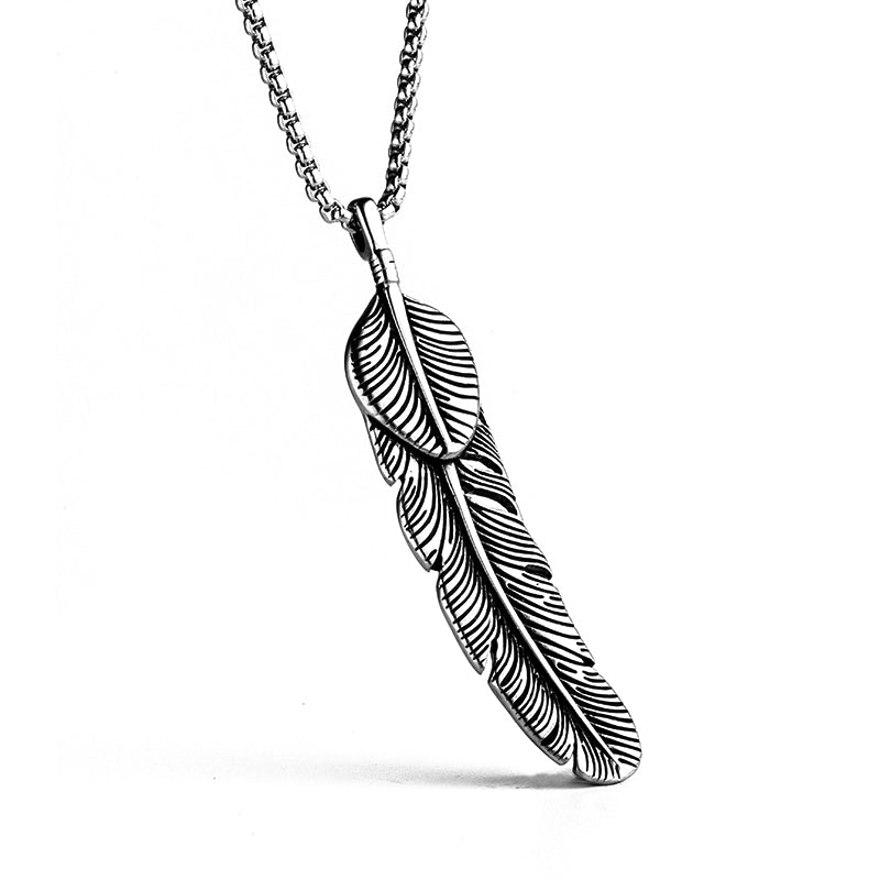 Men's Vintage A Feather Pendant Necklace For Men Statement Stainless Steel Titanium Jewelry