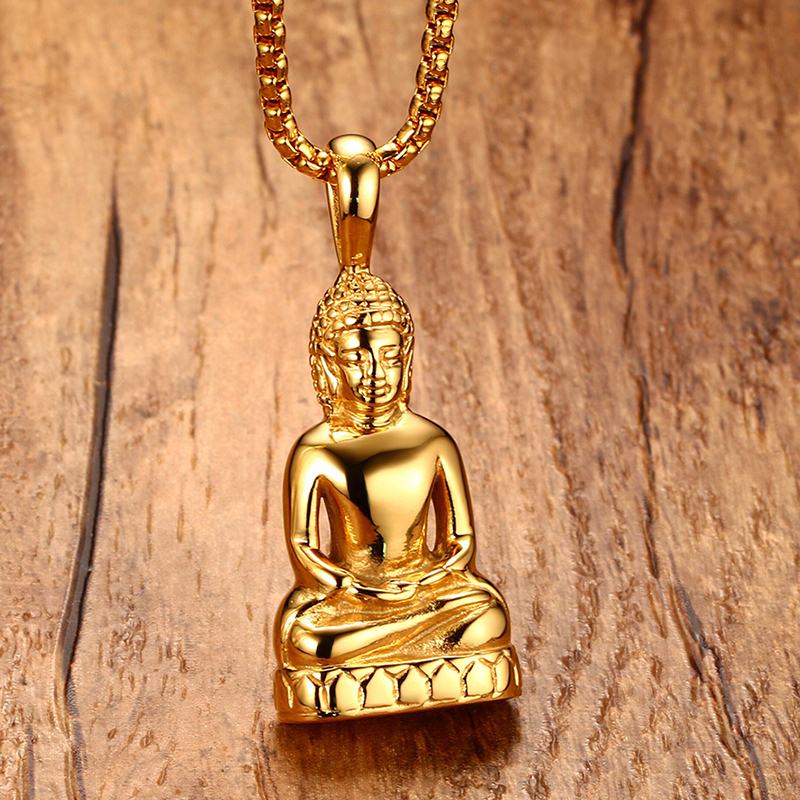 Mens Buddha Pendant Necklace Bodhisattva Amulet Talisman Necklaces in Gold-color Stainless Steel Fashion Men Jewelry collares