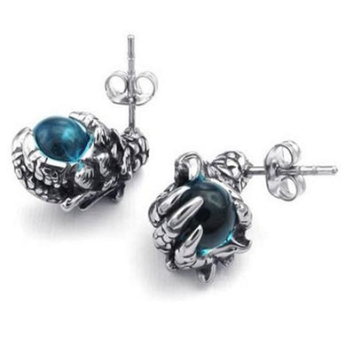 Mens Cubic Zirconia Stainless Steel Gothic Dragon Claw Stud Earrings, Blue Silver