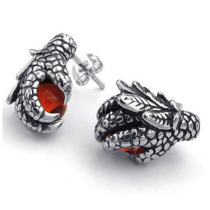 Mens Cubic Zirconia Stainless Steel Gothic Dragon Claw Stud Earrings, Red Silver