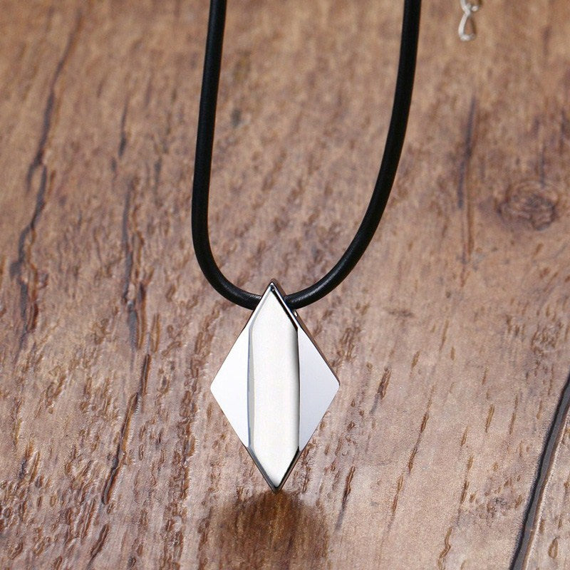 Mens Necklaces Sharp & Bold Tungsten Carbide Rhombic Pendant with Raised Center Black Rubber Leather Rope Necklace Ckokers Gift