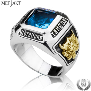 925 Sterling Silver Blue Topaz Ring & Hand Carved Golden Dragon Ring for Unisex Punk Jewelry