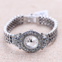 Carica l'immagine nel visualizzatore di Gallery, Handmade Woven Thai Silver Zircon Bracelet Watch Solid 925 Sterling Silver Bracelet for Women's Quartz Watch