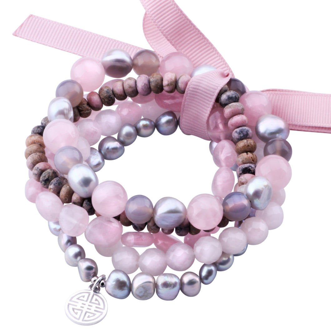 Natural Gemstone Mix Rose Quartz,Gr Pearl,Rhodonite,Five Handmade Elastic Bracelet with Double Happiness Charm 18-19cm